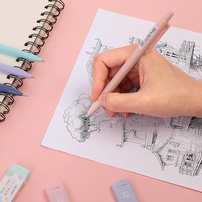 SKYDUE Cute Mechanical Pencils Set with Case, 6PCS 0.5mm & 0.7mm Mechanical Pencils, 360PCS HB Lead Refills, 4PCS Pastel Erasers, Pastel Back to School Supplies for Girls