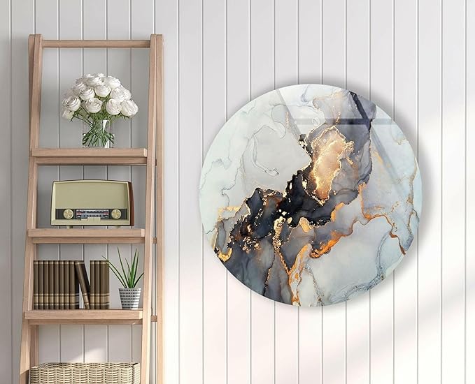 My Photostation.com 39,4''(100cm) Diameter Gold Details Gray Marble Round Glass Wall Art Tempered Glass Printing Wall Decor Large Wall Art Wall Hangings