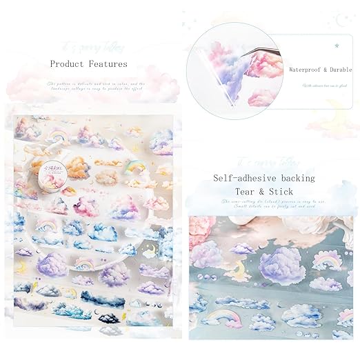 6 Rolls Cloud PET Tape Set,Pre-Cut Sky Ephemera Stickers for Scrapbook Supplies,Journaling,Junk Journal,Scrapbooking,Crafting,DIY Projects, Diaries(Cloud)