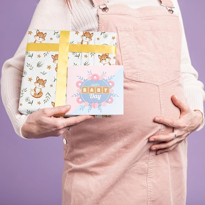 WRAPLULU Fox Wrapping Paper - 4 Jumbo Sheets, 28 * 40 Inches - Woodland Christmas Gift Wrap with Stars Floral and Leave, Perfect for Xmas, Birthdays, Baby Showers, Weddings