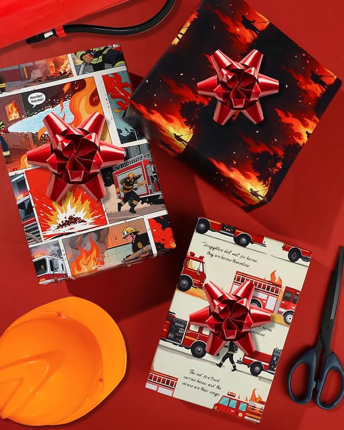 Pineraap 12 Sheets Firefighter Themed Wrapping Paper, Fire Safety Gift Wrap for Firefighter, Folded Flat Art Paper for Birthday Parties, Fireman Theme Favors, Thank You & Appreciation,19.7 x 27.6 Inch