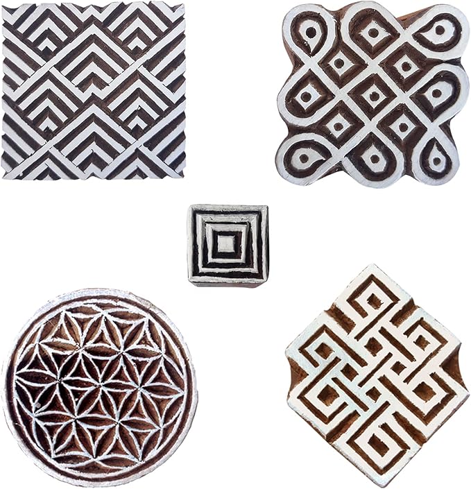 Royal Kraft Square Wooden Printing Stamps (Set of 5) - DIY Henna Fabric Textile Paper Clay Pottery Blocks Htag2212