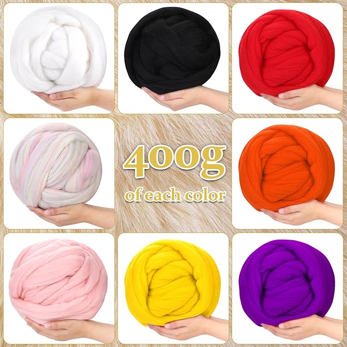 QMNNMA Wool Roving 0.88 lb (14.1 Ounces), Colored Natural Wool Roving for Spinning, Soft Chunky Yarn for Wool Felting, Felting Pad, Felting Supply, Wool Yarn Bulk, Carded Stuffing(400g)