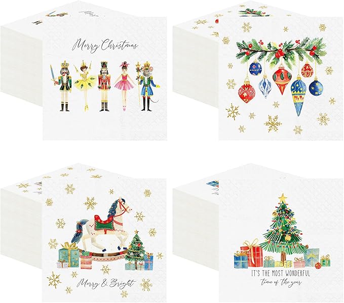 Janlaugh 200 Pcs Christmas Paper Cocktail Napkins Disposable 2 Ply Xmas Style Decoupage Beverage Napkins for Xmas Holiday Winter Dinner Table Decor (Lovely Style)