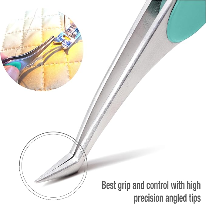 Beaditive High Precision Angled Tip Tweezers with Cushion Grip - 4.7" Craft Tweezers for Sewing, Beading & DIY Crafts - Non-Serrated Jewelry Tweezers with Fine Angled Tips - Stainless Steel (Teal)
