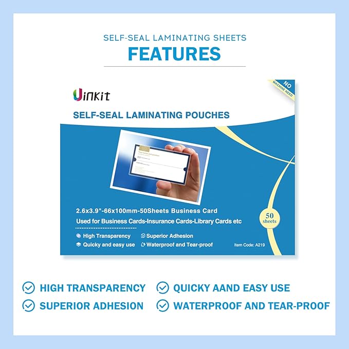 Uinkit 10 Mil Thick Double-Sided Self-Sealing Laminating Pouches, 50 Pack for 2.6x3.9 Business Card, Bulk Waterproof for Employee ID Badges, Loyalty & Membership Cards, No Machine Need