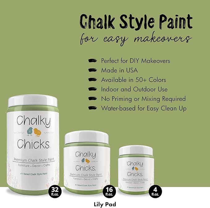 Chalky Chicks All-in-One Chalk Paint for Furniture or Cabinet - 32 Fl Oz - Matte Finish Lily Pad (Green) for Metal, Wood Furniture Paint - No Sanding All-in-One for Home Decor & Crafts, USA Made