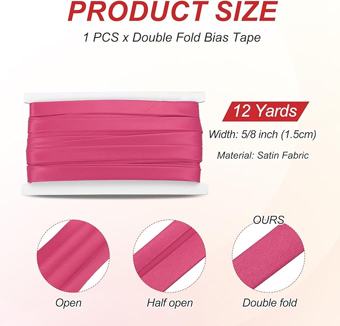 MECCANIXITY Double Fold Bias Tape for Sewing 5/8 Inch x 12 Yards Satin Pre-fold Continuous Binding Tape for Seaming Quilting Hemming Binding DIY Crafts, Rose Red