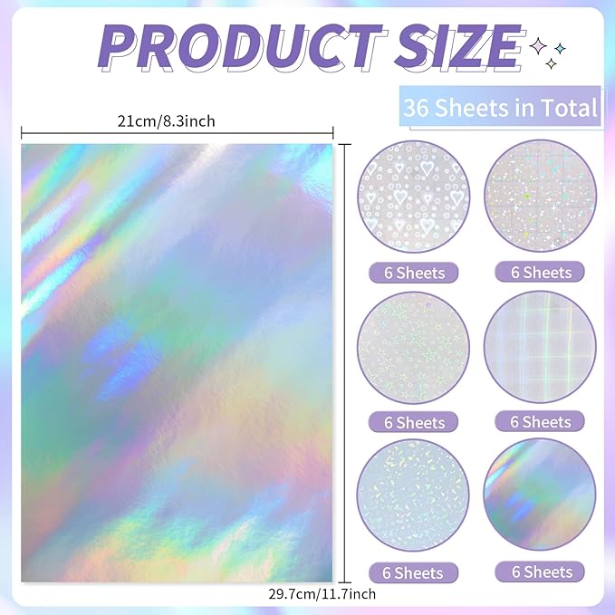 36 Sheets Holographic Sticker Paper,Holographic Laminate Sheets,A4 Size Clear Vinyl Sticker Sheets Self-Adhesive Rainbow Overlay Sheets with 6 Styles Mixed,11.7 x 8.3 Inches