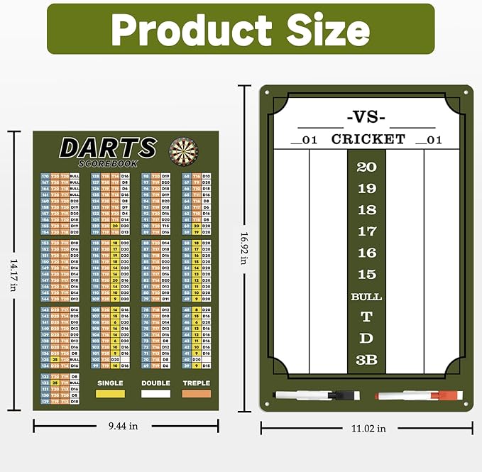 Darts Scoreboard - Dry Erase Dart Scoreboard for 301, 501 and Cricket Games - Come with Darts Scorebook & 2 Pens