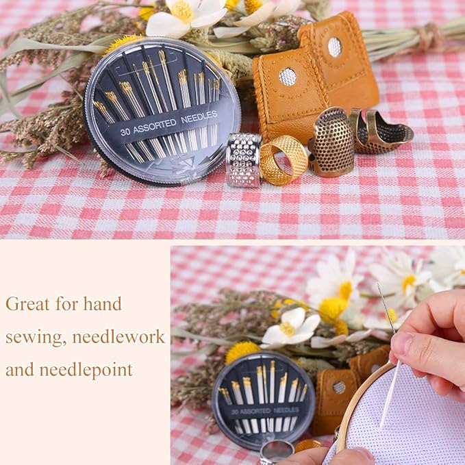 8 Pcs Thimble + 30 Pcs Sewing Needles, Finger Protector Fingertip Adjustable Metal Bronze Rings and Leather Coin Thimble for Needlework, Hand Embroidery Craft