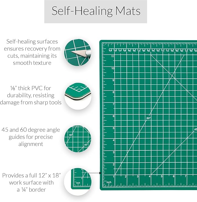 Breman Precision 12x18 Inch Self Healing Cutting Mat - 2-Sided 5-Ply PVC Green/Black Cutting Mats for Crafts, Sewing, Quilting and DIY Projects - Durable and Non-Slip Design with Precise Grid Lines