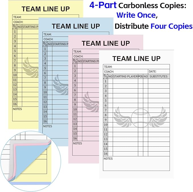 30/60/120/180 Baseball Lineup Cards with 4-Part Carbonless Copies, 4.53 x 7.87 Inch 16 Player Roster Sheets for Games, Softball Line up Coaching Accessories for Coaches and Umpires