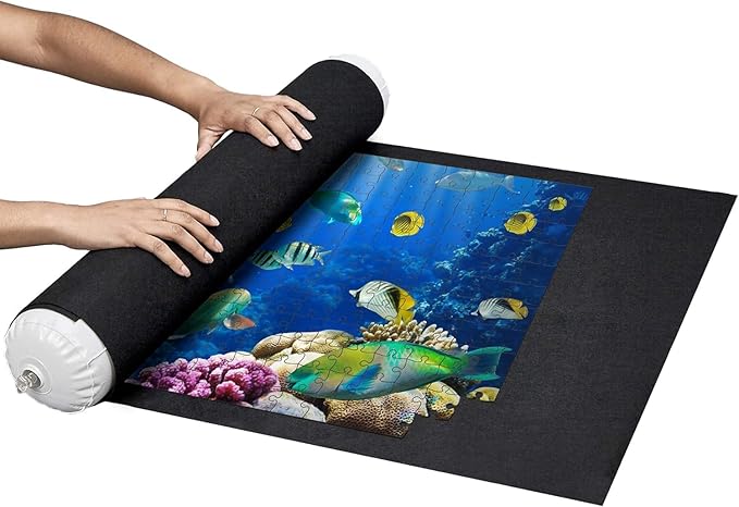 Puzzle Roll Up Mat - Store and Transport Jigsaw Puzzles Up to 1500 Pieces - 46" x 26" Felt Mat, Inflatable Tube, and 3 Elastic Fasteners Newer Improved Design - by Amy and Delle