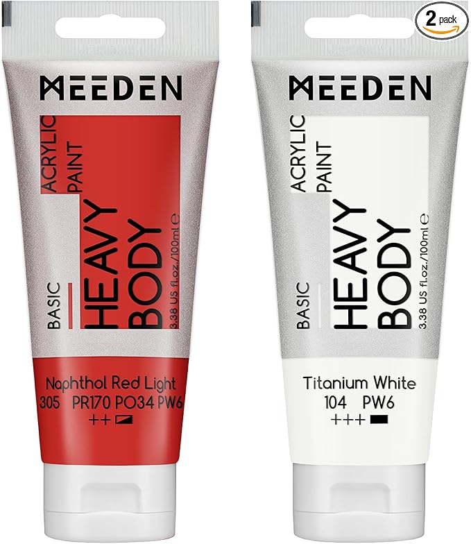 MEEDEN Acrylic Paint Naphthol Red Light: Bundled with Titanium White Color - 100ml/3.38oz x 2 Bulk Heavy Body Acrylic Paint Tubes for Art Craft Painting