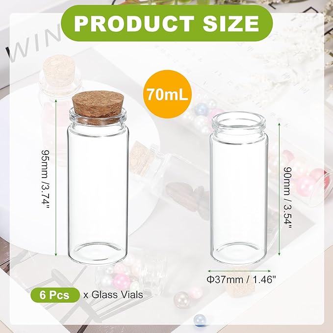 uxcell 6Pcs Mini Glass Bottles with Cork Stoppers, 70ml Small Clear Bottles Glass Empty Jars Vials for DIY Crafts Party Wedding Decor Favors