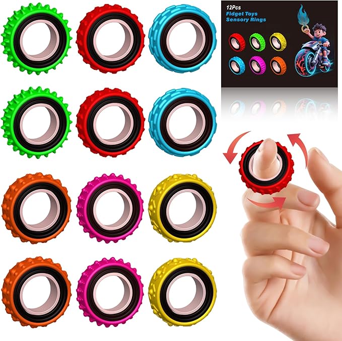 Fidget Toys Sensory Ring for Kids, Finger Spinner Rings Quiet Finger Spinne Fun Fidgets for Student Classroom Prize Stocking Stuffers (12PCS)