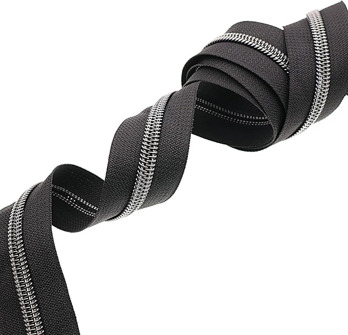 Leekayer #5 Black Nickel Metallic Nylon Coil Teeth Zippers by The Yard Bulk 10 Yards Black Zipper Tape with 25pcs Black Nickel Ring Pull Sliders for DIY Sewing Tailor Craft Bag(Black)
