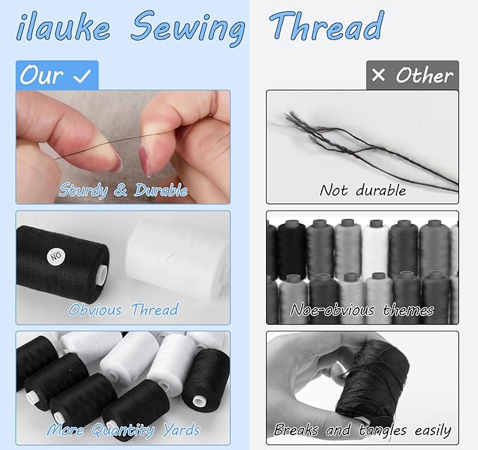 ilauke Sewing Thread, 12 Spool All Purpose Polyester Thread, Each 1000 Yards Sewing Thread for Hand Sewing,Quilting,Sewing Machine, 2 x White & 2 x Black