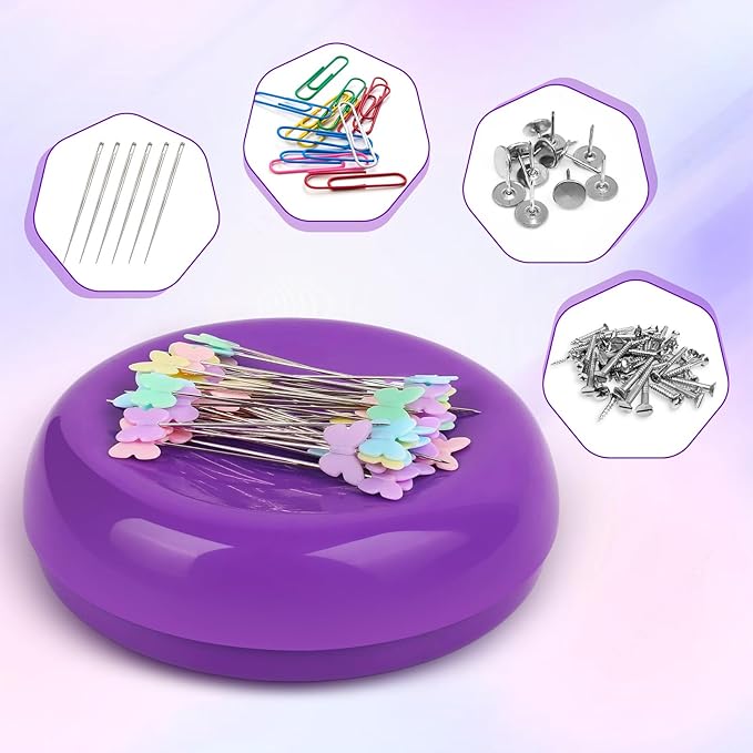 Oukitoymer Magnetic Pin Cushion with 100pcs Butterfly Head Straight Pins, Bobby Pin Holder for Sewing, Magnet Needle Cushion, Paper Clip Collector, Secure Pin Storager, Sewing & Quilting Accessories