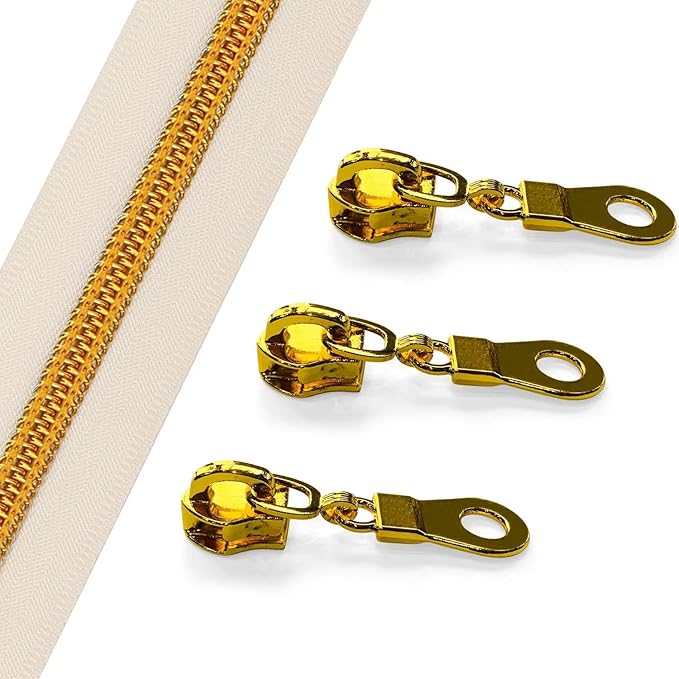 The Yards Bulk Zipper(#5), Beige Nylon Coil Zipper with Gold Teeth - 10PCS Sliders for DIY Sewing Craft Bags