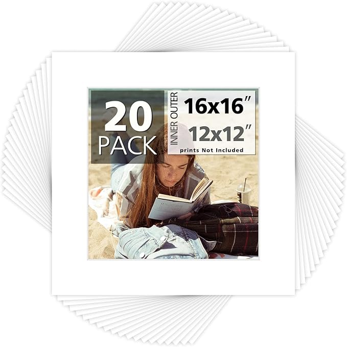 Mat Board Center, Pack of 20, 16x16 for 12x12 White Photo Picture Mats - Acid Free, 4-ply Thickness, White Core - for Pictures, Photos, Framing