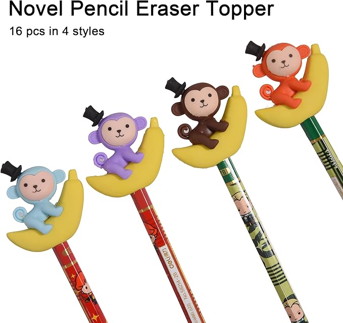 HILAZA 16Pcs Pencil Top Erasers for Kids, 3D Cute Monkey Pencil Toppers, Bulk Fun Pencil Cap Easters for School Classroom Supplies Prize Gifts Party Favors