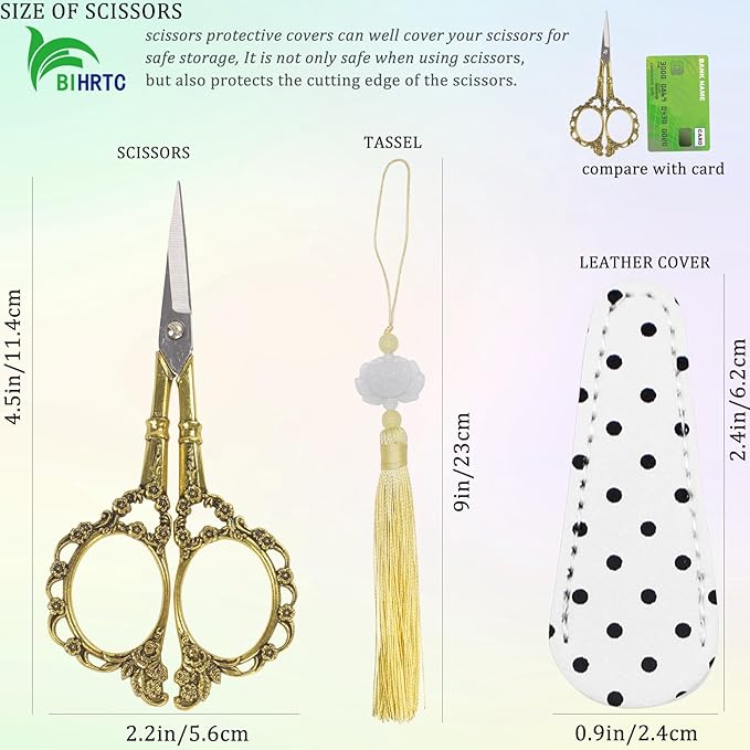 BIHRTC 4.5Inch Embroidery Stainless Steel Scissors with Leather Cover Tassel DIY Tools Dressmaker Small Shears Precision for Crafting Thread Cutting Sewing DIY Artwork Housework