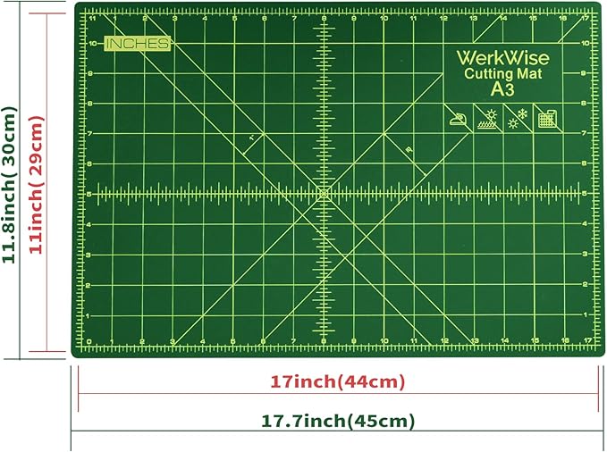 Thickness-Upgraded 12" x 18" Self Healing Sewing Mat, WerkWise Rotary Cutting Mat, Double Sided 5-Ply 12x18 Inch Cutting Board for Quilting, Fabric, & Crafts, Use with Rotary Cutters (Green & Black)