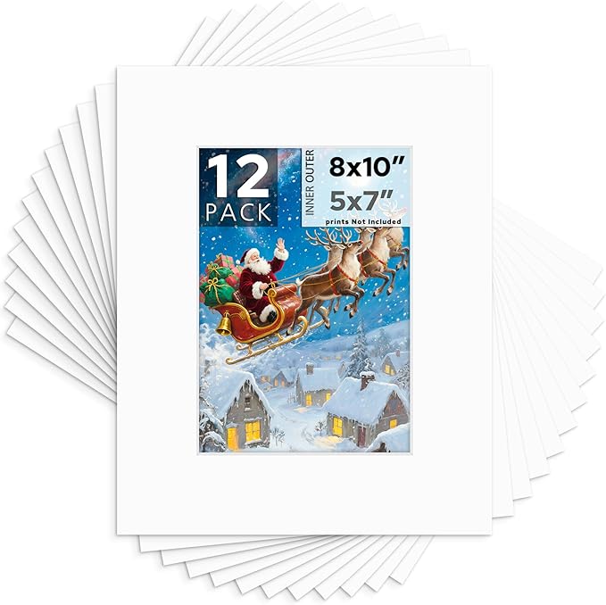 Mat Board Center, 8x10 White Mats for 5x7 Pictures - Acid Free, 4-ply Thickness, White Core, Bevel Cut - for Artworks, Photos, Framing - Pack of 12