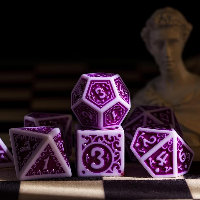 7-Die DND Dice Set New Pattern Polyhedral Dice Set with Leather Bag D&D Die for RPG Table Games(White Purple)