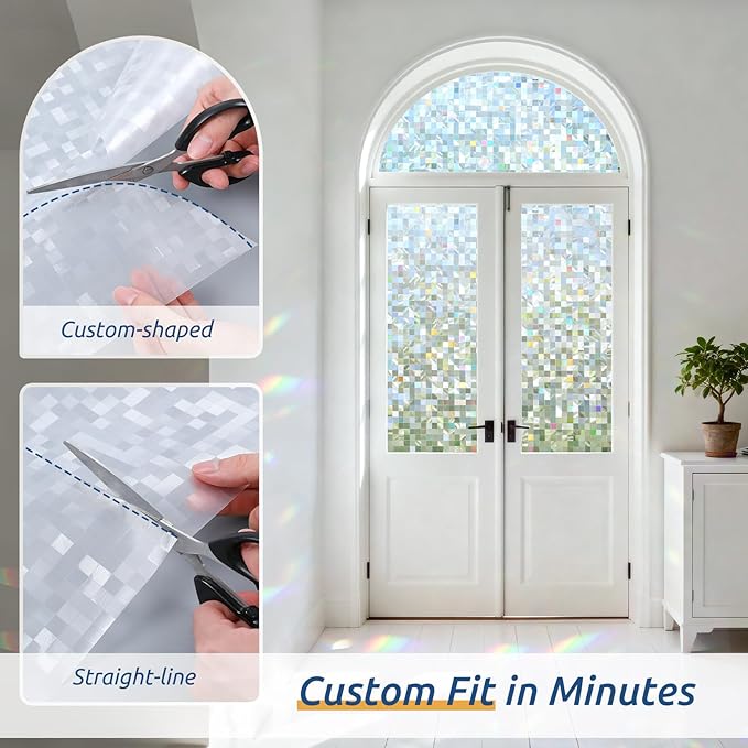 rabbitgoo Stained Glass Window Privacy Film Mosaic Pattern, Frosted Glass Window Film Rainbow Decorative Sticker, Static Cling UV Blocking Suncatcher for Home, 17.5 x 157.4 Inches