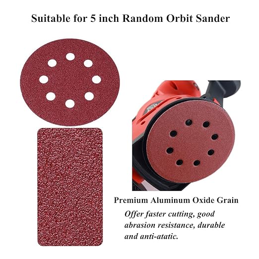 5-Inch 8-Hole Hook and Loop Sanding Discs, 40/80/120/180/240/320/400 Assorted Grits Sandpaper for Random Orbit Sander, 105-Pack
