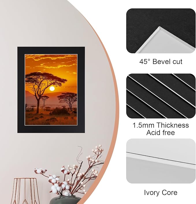 HOTUO 10 Pack Acid Free Black 11x14 Picture Frame Mats for 9x12, Pre-Cut with Ivory Core Bevel Cut, 4 Ply Thickness Photo Mat for Frames/Artwork/Prints/Pictures.