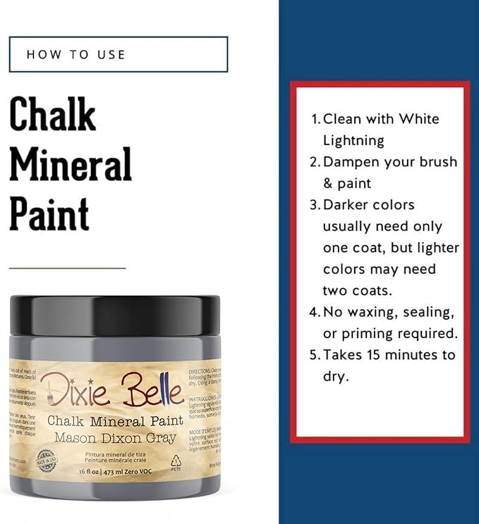Dixie Belle Paint Company Chalk Finish Furniture Paint - Mason Dixon Gray (16oz) - Matte Charcoal Gray Chic Chalk Mineral DIY Furniture Paint