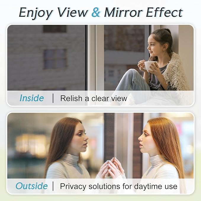 DOWELL One Way Window Privacy Film with 3 Tools Window Tint for Home Sun Blocking Heat Control Anti UV Reflective Mirror Covering See Out Not in for House and Office Black Silver 23.6" X 78.7"
