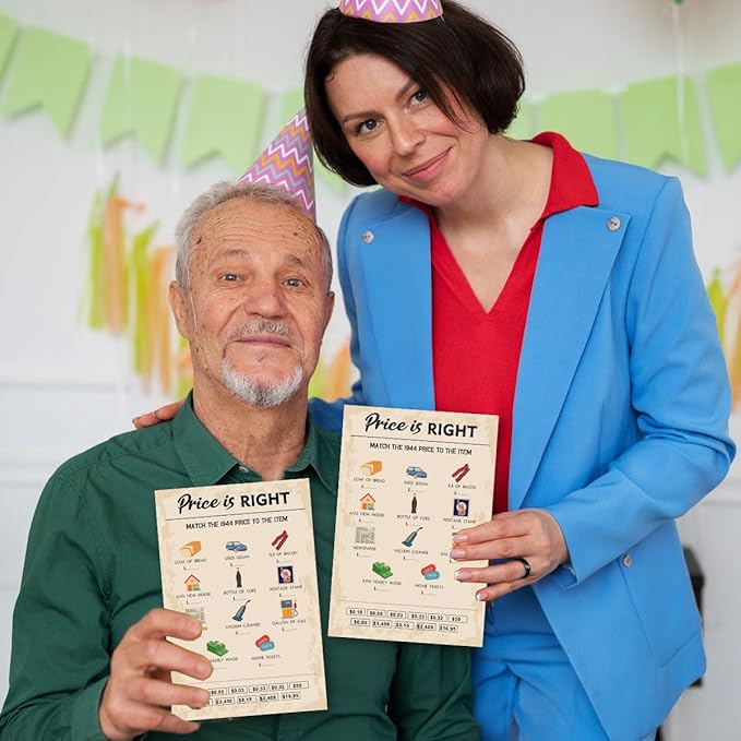 QUPT 80th Birthday Party Games, Price is Right Games, Birthday Party Supplies for Adults, Fun 1943s Party Game，Pack of 30 Cards