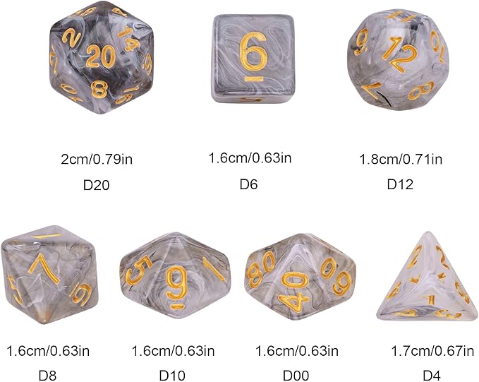 7-Die DND Dice Set Polyhedral Dice Set with a Leather Dice Bag, D&D Dice Set for RPG Table Games (Transparent Black Mix White)