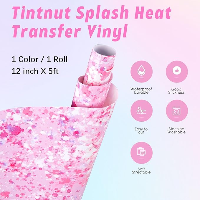 Tintnut Splash Heat Transfer Vinyl Roll - 12 Inch x 5ft Pink and White Watercolor Ink Patterned HTV Splatter Iron On Vinyl DIY T-Shirts Hats Clothes Canvas Bags for Cricut or Silhouette Cameo