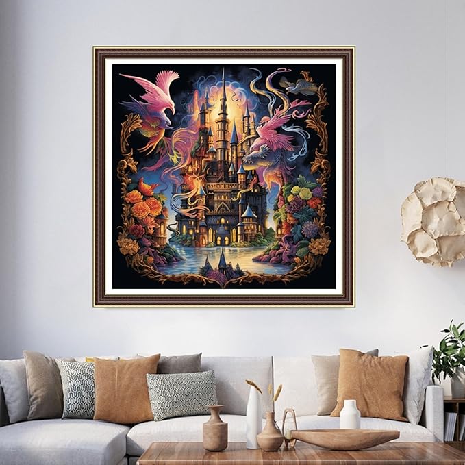 Foxhool Beginners Cross Stitch Kits Stamped Full Range of Embroidery Kits for Adults DIY Cross Stitches kit Embroidery Patterns for Needlepoint kit-Magic Castle 17.7x17.7 inch