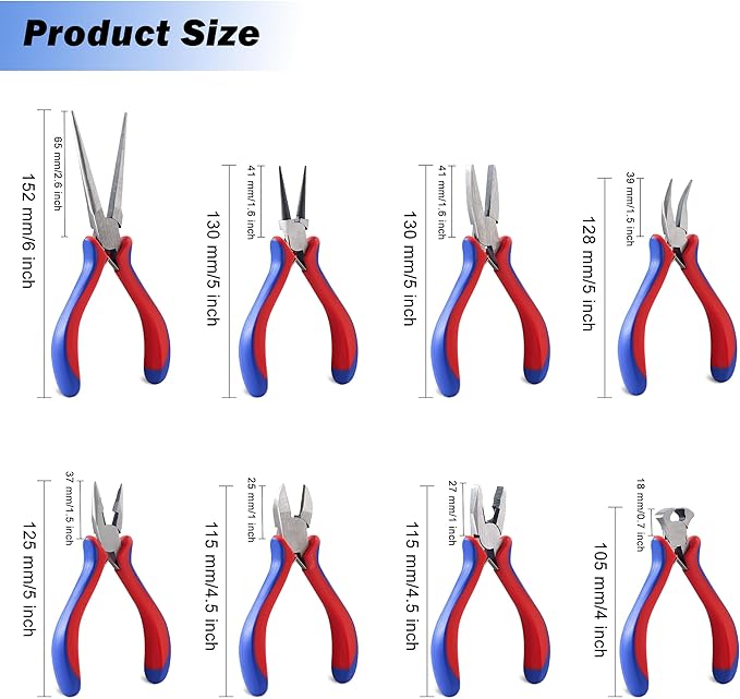 Needle Nose Pliers Set - 8 Pcs High Hardness Carbon Steel Mini Pliers with Ergonomic Handle, Automatic Shrapnel Design, and Multiple Types of Jaws for Repairing Electronics and Cutting Wires