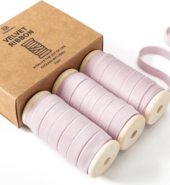 Vitalizart Pink Velvet Ribbon Set 3/8" x 15 Yd Wooden Spool Fabric Trim 3 Rolls * 5 Yd for Christmas Wreath Decoration Handmade Craft Ornaments Gift Wrapping & Bow Making