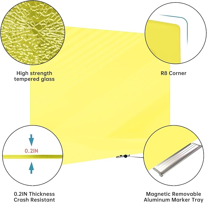 Magnetic Glass Whiteboard - Glass Dry Erase Board 48"x36" Large Frameless Glass Board for Walls Office School and Home, Yellow