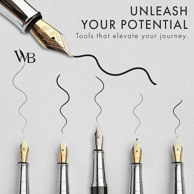 Wordsworth & Black Fountain Pen Gift Set, Includes Ink Bottle, 6 Ink Cartridges & A Refill Converter, 4 Replacement Nibs, Premium Package, Journaling, Calligraphy, Smooth Writing Pens [Black Chrome]