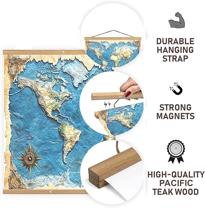36" Sturdy Magnetic Poster Hanger,Sleek Poster Frame of Teak Wood with Strong Magnets for Safely Hanging Maps Pictures Canvas Scrolls Print Wall Art, Dacri Home (36 Inch, Natural Wood)