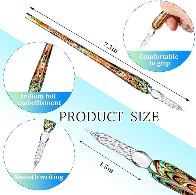 Zonon Glass Dipped Pen Ink Set 14 Pcs Include 6 Pcs Glass Dip Pen, 6 Colorful India Ink and 2 Holder Crystal Signature Calligraphy for Art, Writing, Signatures, Gift(Green Color System)