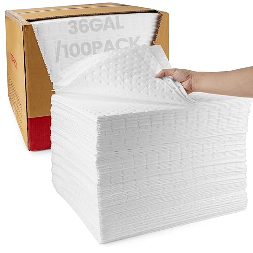Oil Absorbent Pads | 16"x20" Oil-Only Spill Mat 100-Pack | Industrial Spill Control for Oil & Fuel(32 Gal/Box) | Repels Water Absorbing Sheets