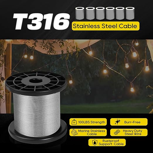 316 Stainless Steel Cable, 200FT 1/32IN Wire Rope 7 * 7 Strand with 50Pcs Aluminum Sleeves Stops, Guide Wire for Outdoor String Lights for String Lights Hanging, Clotheslines, Trellis (200FT)