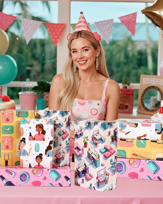 Pineraap 12 Sheets Nail Art Wrapping Paper, Manicure Gift Wrap Paper with Nails Polish Bottles & Salon Scenes, Folded Flat Paper for Nail Art Lovers Birthday DIY Crafts, 19.7 x 27.6 Inch