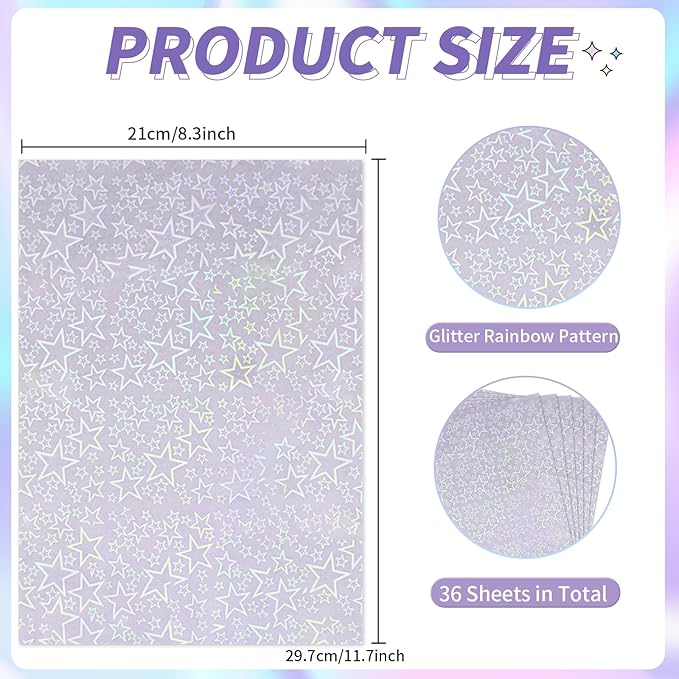 36 Sheets Holographic Sticker Paper,Holographic Laminate Sheets,A4 Size Clear Vinyl Sticker Sheets Self-Adhesive Rainbow Overlay Sheets,11.7 x 8.3 Inches（Five-Pointed Star）